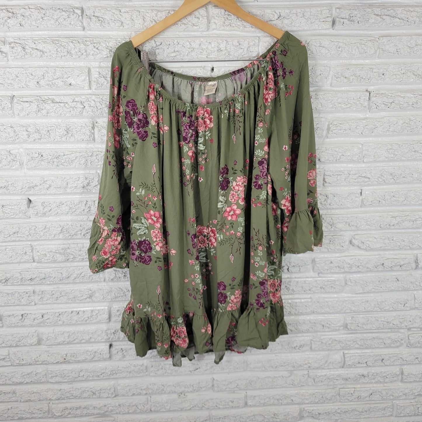 Terra Sky Women Top 2X Plus Tunic Bell Sleeve On Off Shoulder Ruffle Green Rayon