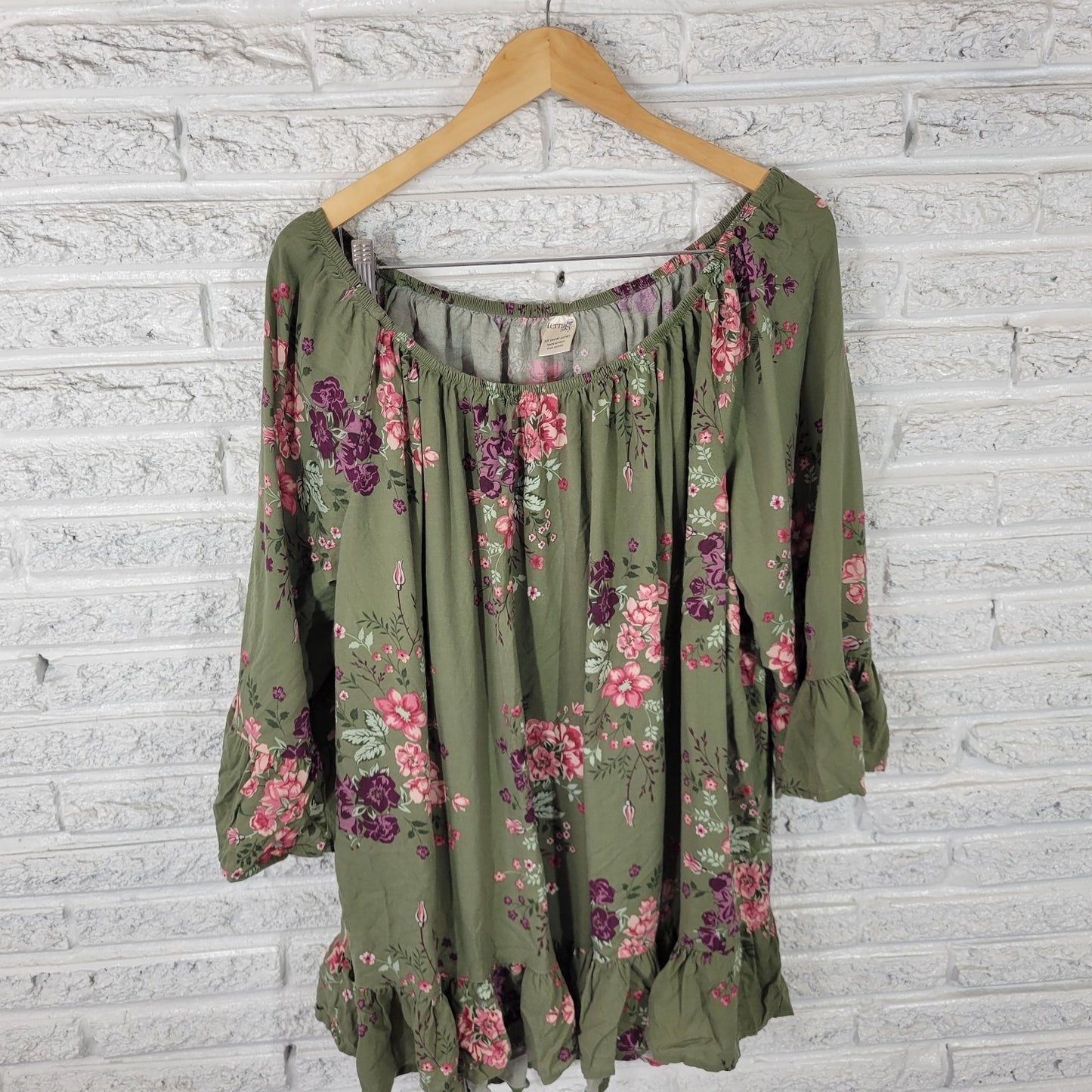 Terra Sky Women Top 2X Plus Tunic Bell Sleeve On Off Shoulder Ruffle Green Rayon