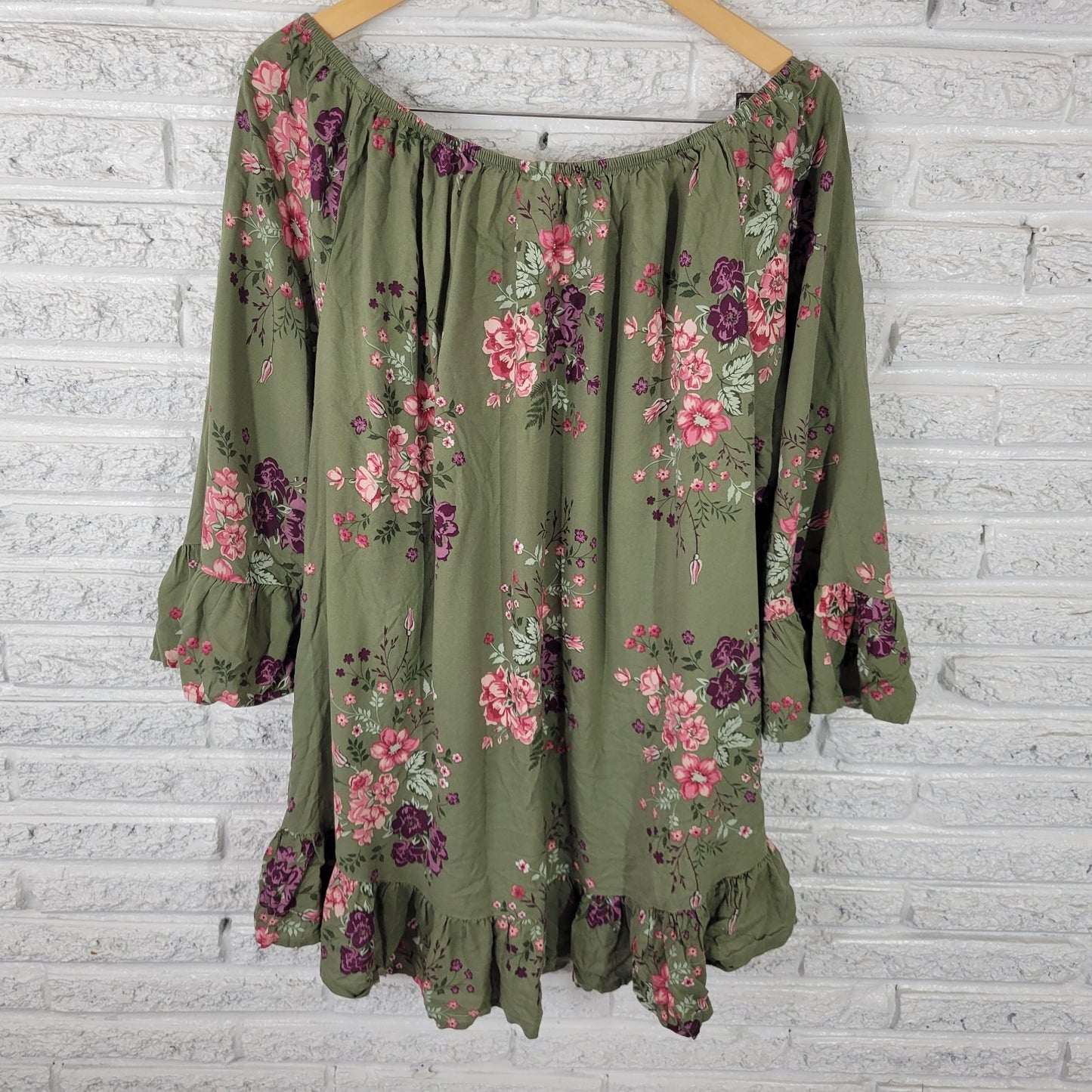 Terra Sky Women Top 2X Plus Tunic Bell Sleeve On Off Shoulder Ruffle Green Rayon