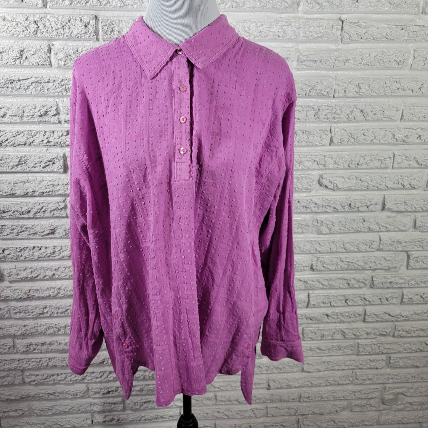 Rafaella Womens Top 2X Plus Roll Tab Sleeve Lavender Swiss Dot Asymmetric Casual