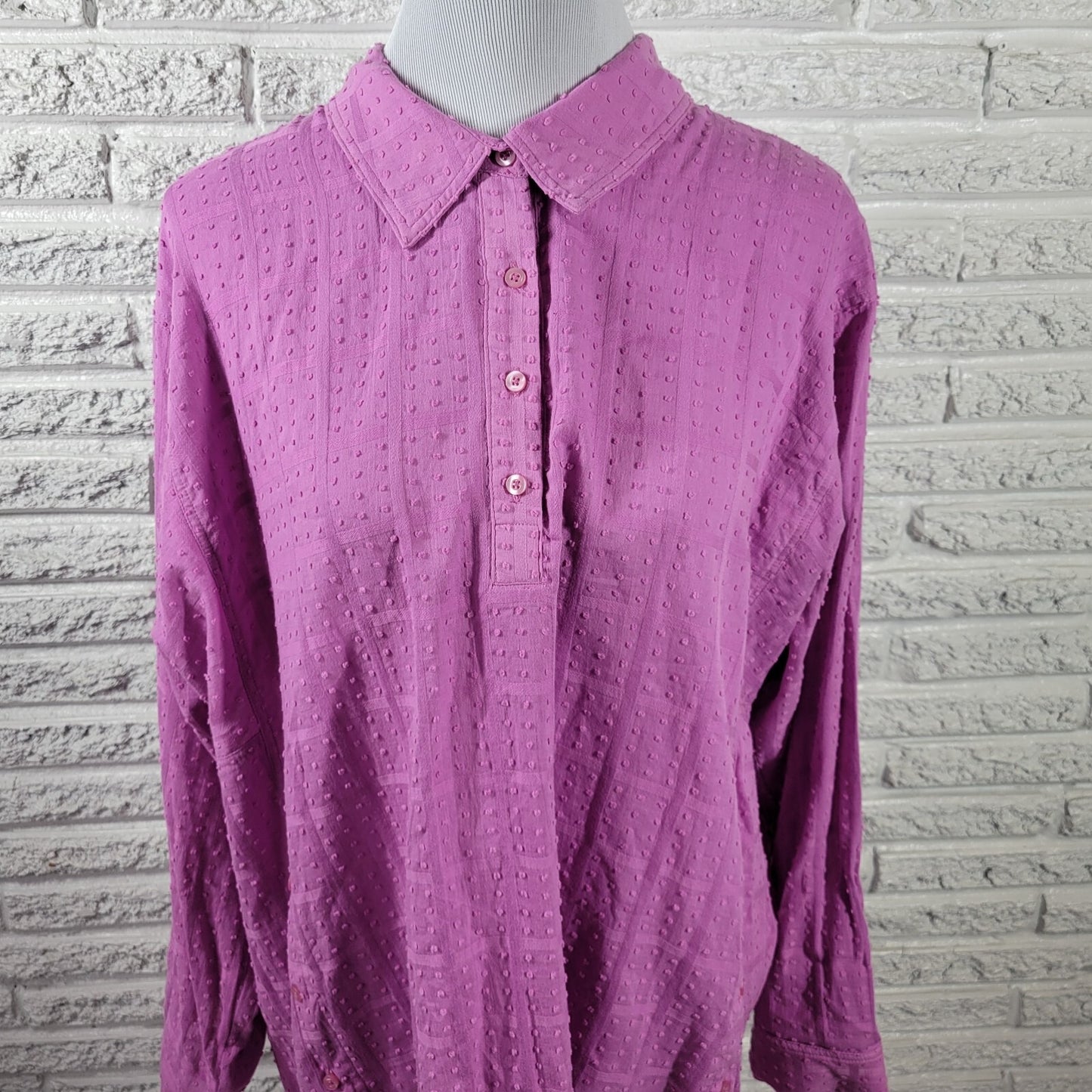 Rafaella Womens Top 2X Plus Roll Tab Sleeve Lavender Swiss Dot Asymmetric Casual