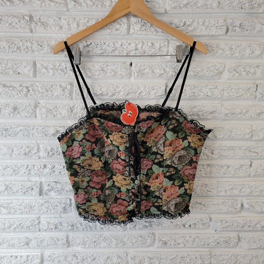 Cider Women Top 1XL Plus Corset Camisole Lace Up Spaghetti Strap Floral Tapestry