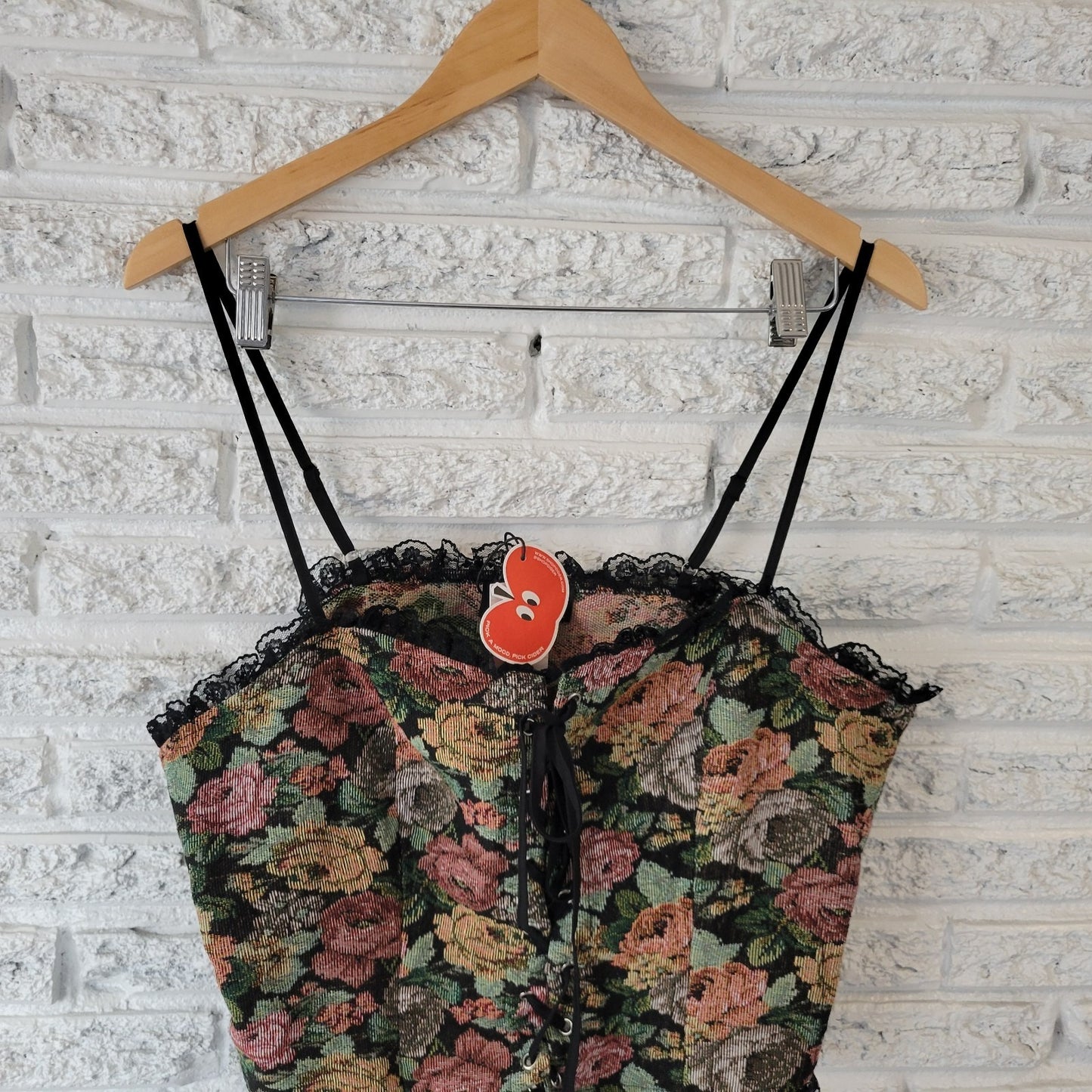 Cider Women Top 1XL Plus Corset Camisole Lace Up Spaghetti Strap Floral Tapestry