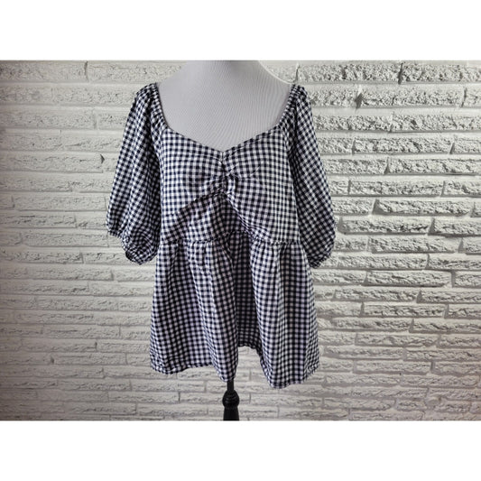 Terra Sky Womens Top 2X Plus Puff Sleeve Black Gingham Check Casual Smocked Back
