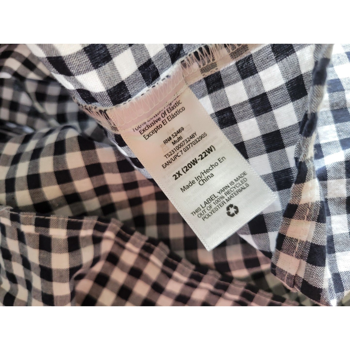 Terra Sky Womens Top 2X Plus Puff Sleeve Black Gingham Check Casual Smocked Back