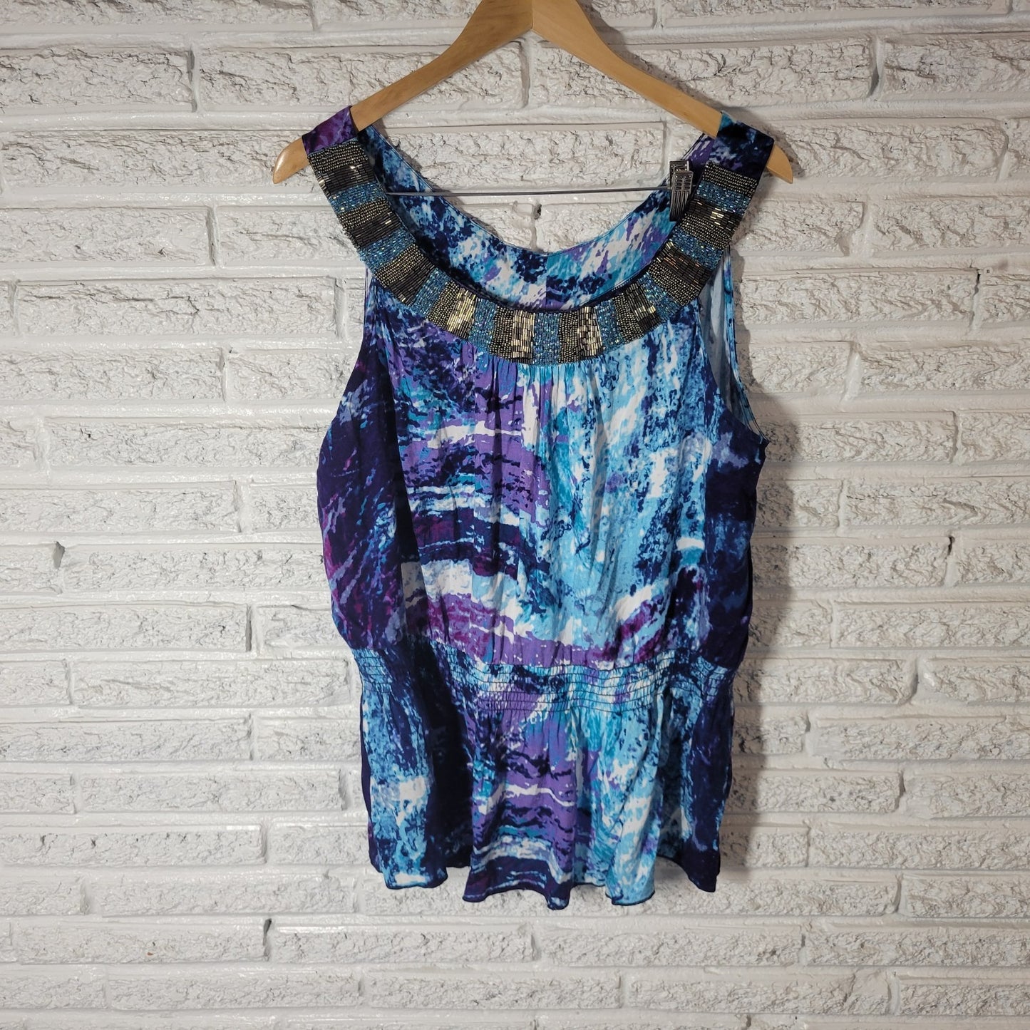 Cato Womens Top Extra Large XL Tank Blue Purple Watercolor Beaded Office Casual