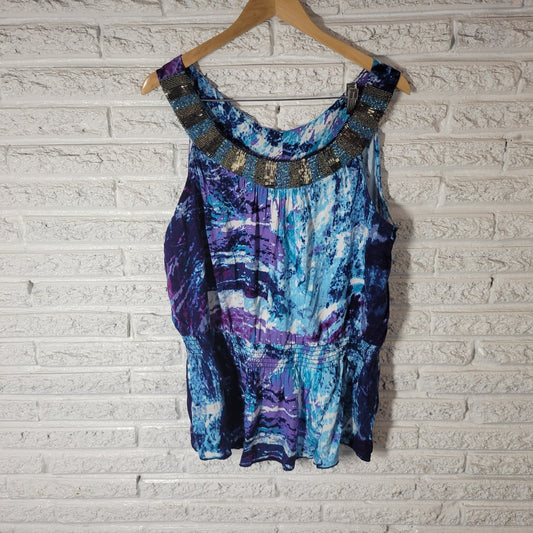 Cato Womens Top Extra Large XL Tank Blue Purple Watercolor Beaded Office Casual