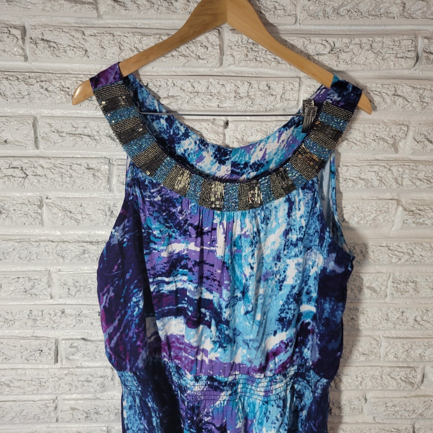 Cato Womens Top Extra Large XL Tank Blue Purple Watercolor Beaded Office Casual