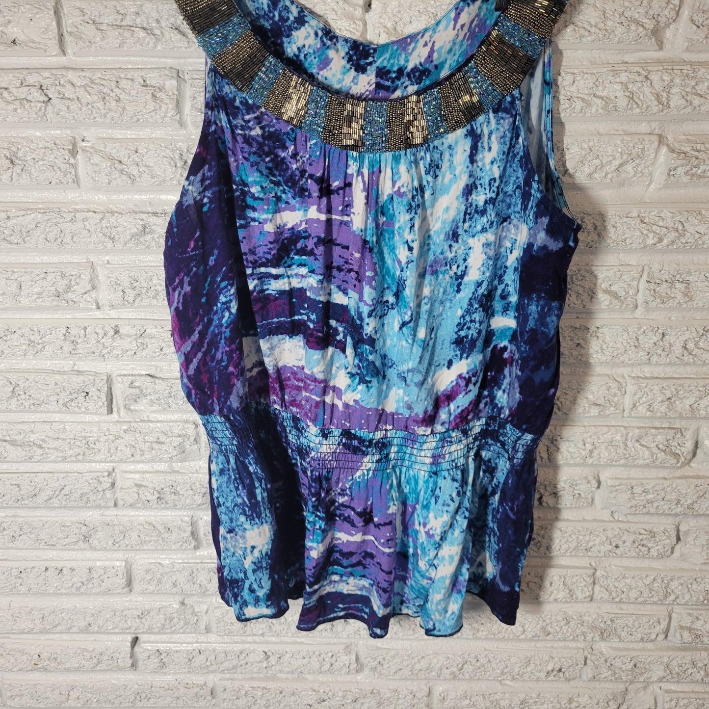 Cato Womens Top Extra Large XL Tank Blue Purple Watercolor Beaded Office Casual