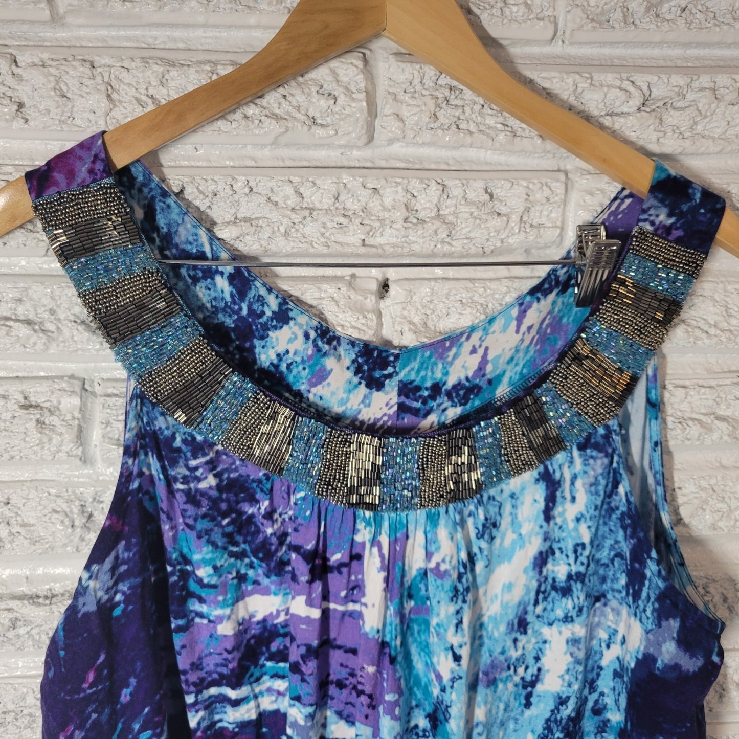 Cato Womens Top Extra Large XL Tank Blue Purple Watercolor Beaded Office Casual
