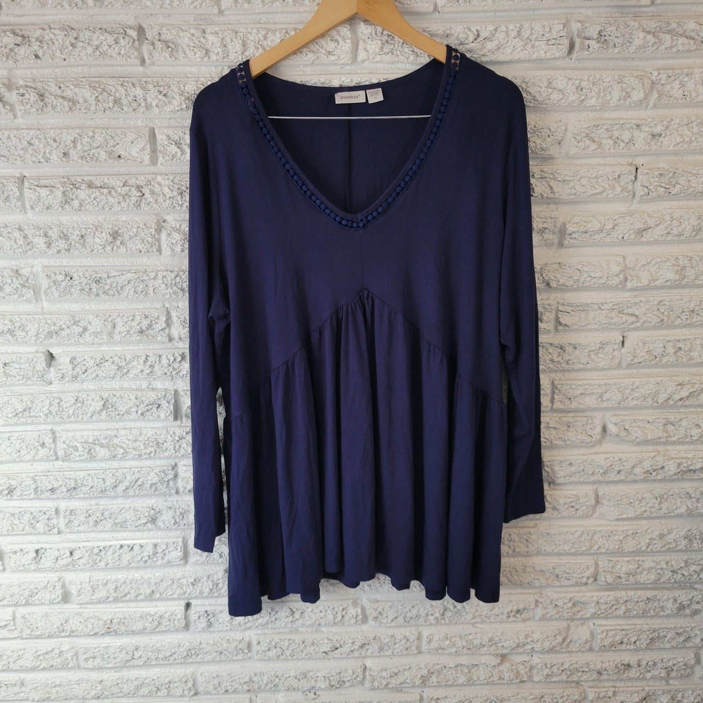 Avenue Womens Top 20 Plus Tunic Long Sleeve Blue Polyester Casual Crochet Trim
