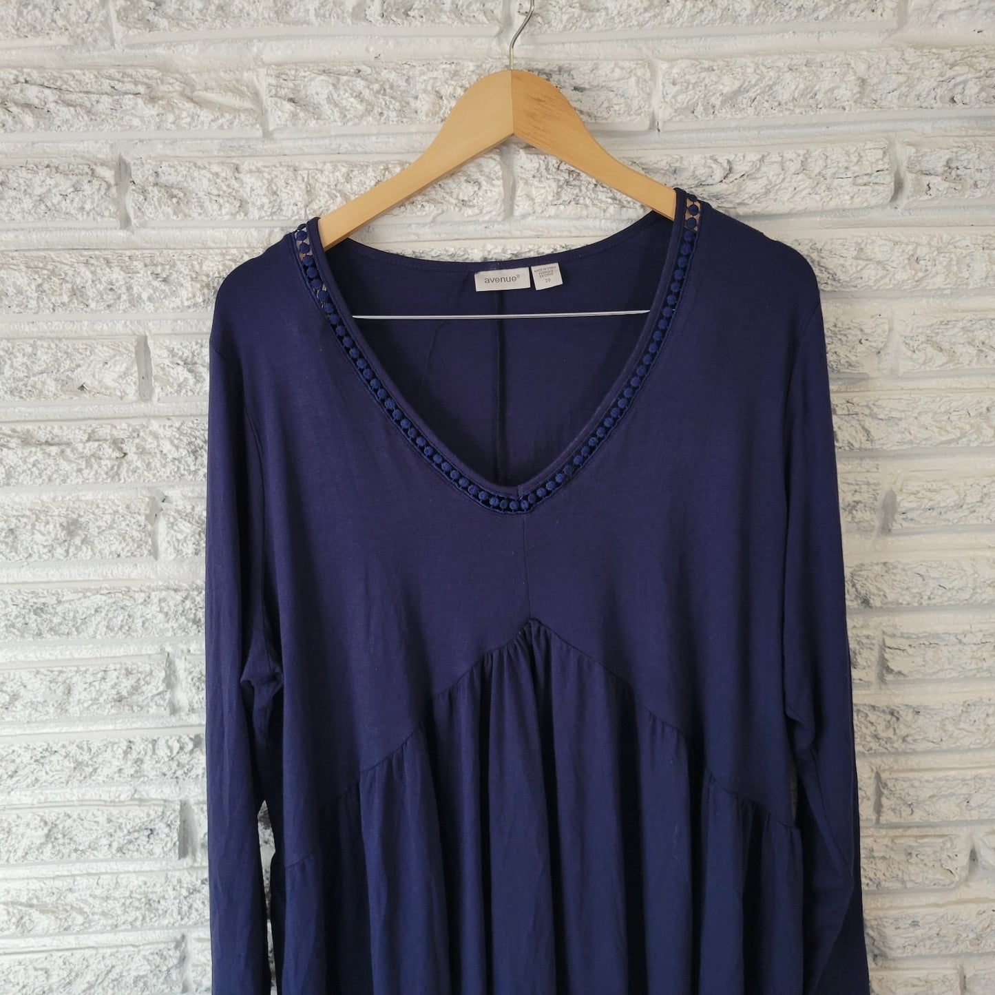 Avenue Womens Top 20 Plus Tunic Long Sleeve Blue Polyester Casual Crochet Trim
