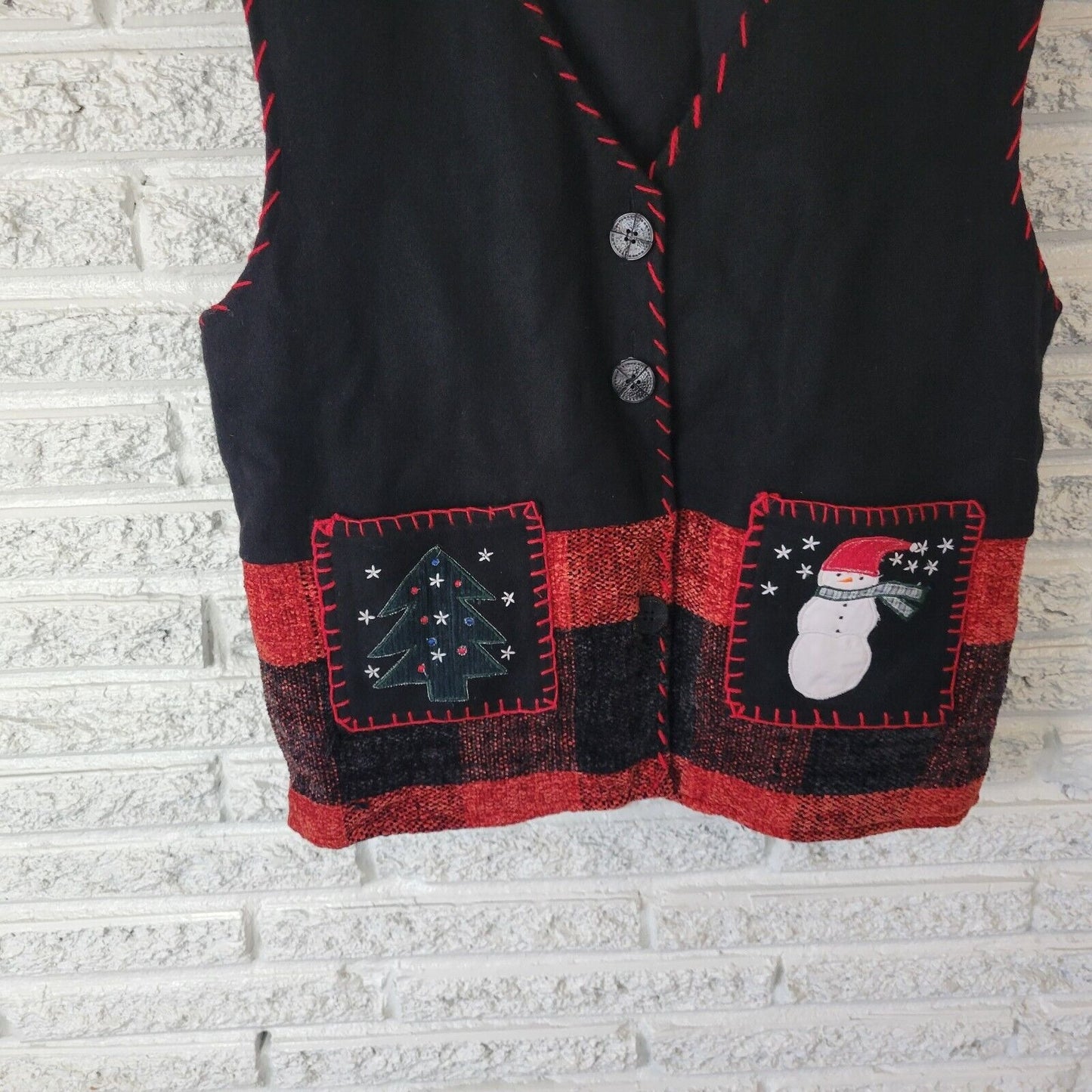 Christmas Life Style Womens Vest XL Black Red Wool Cotton Embroidered Snowman