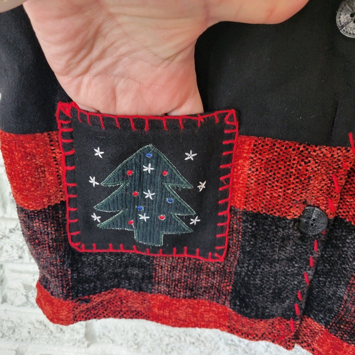 Christmas Life Style Womens Vest XL Black Red Wool Cotton Embroidered Snowman