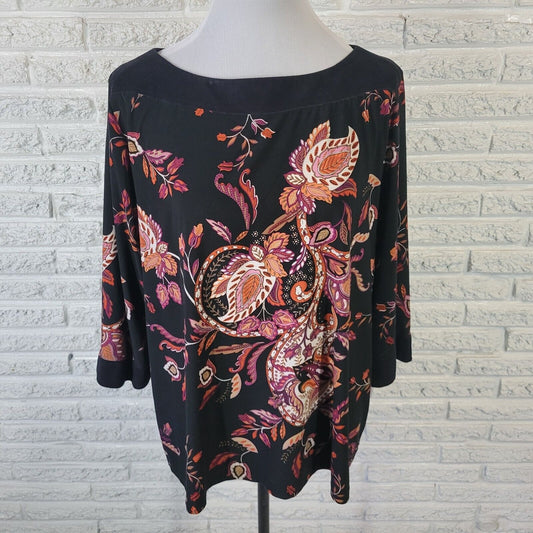 Style Co Womens Top 2X 3/4 Sleeve Black Floral Velour Neckline Poly Blend Comfy