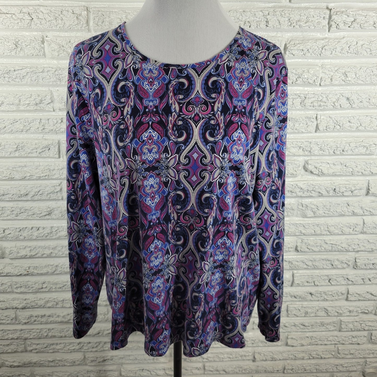 Croft Barrow Womens Top 2X Tee Long Sleeve Purple Geometric Cotton Comfy Casual