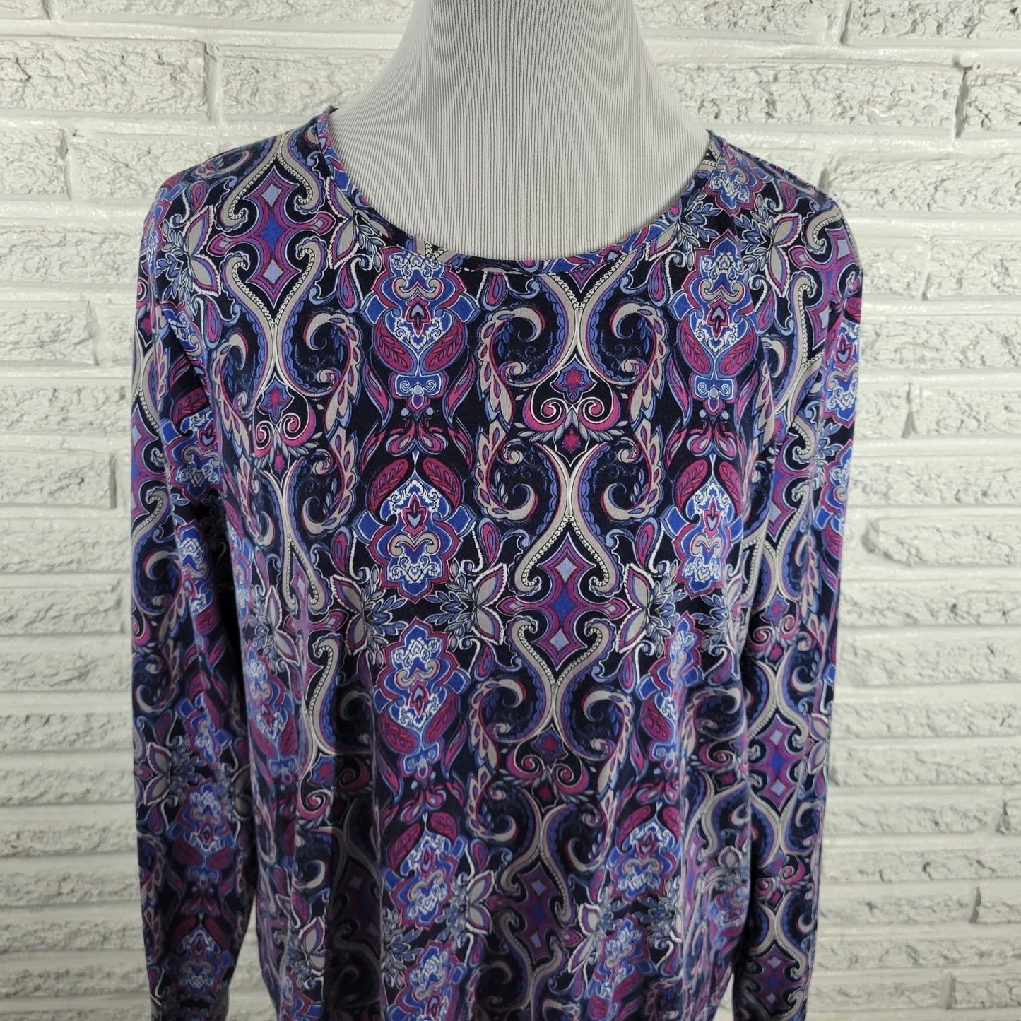 Croft Barrow Womens Top 2X Tee Long Sleeve Purple Geometric Cotton Comfy Casual