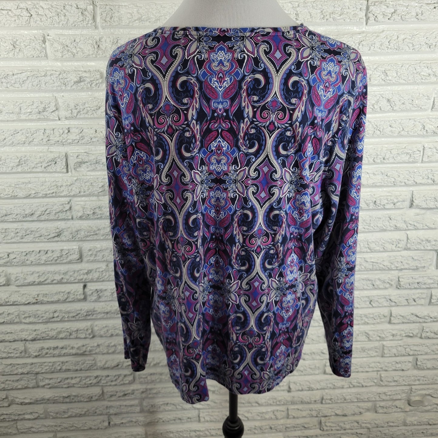 Croft Barrow Womens Top 2X Tee Long Sleeve Purple Geometric Cotton Comfy Casual