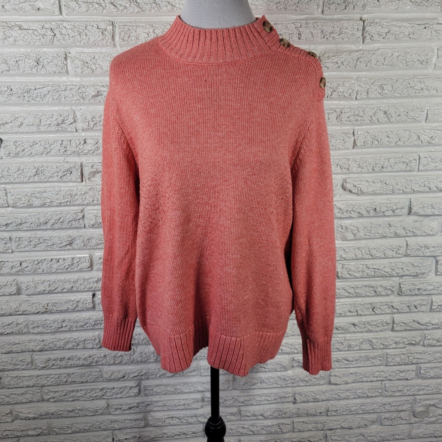St. John's Bay Womens XL Pink Orange Sweater Mock Neck Shoulder Button Knit Soft