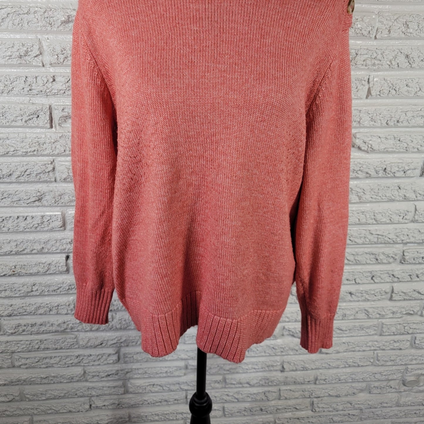 St. John's Bay Womens XL Pink Orange Sweater Mock Neck Shoulder Button Knit Soft
