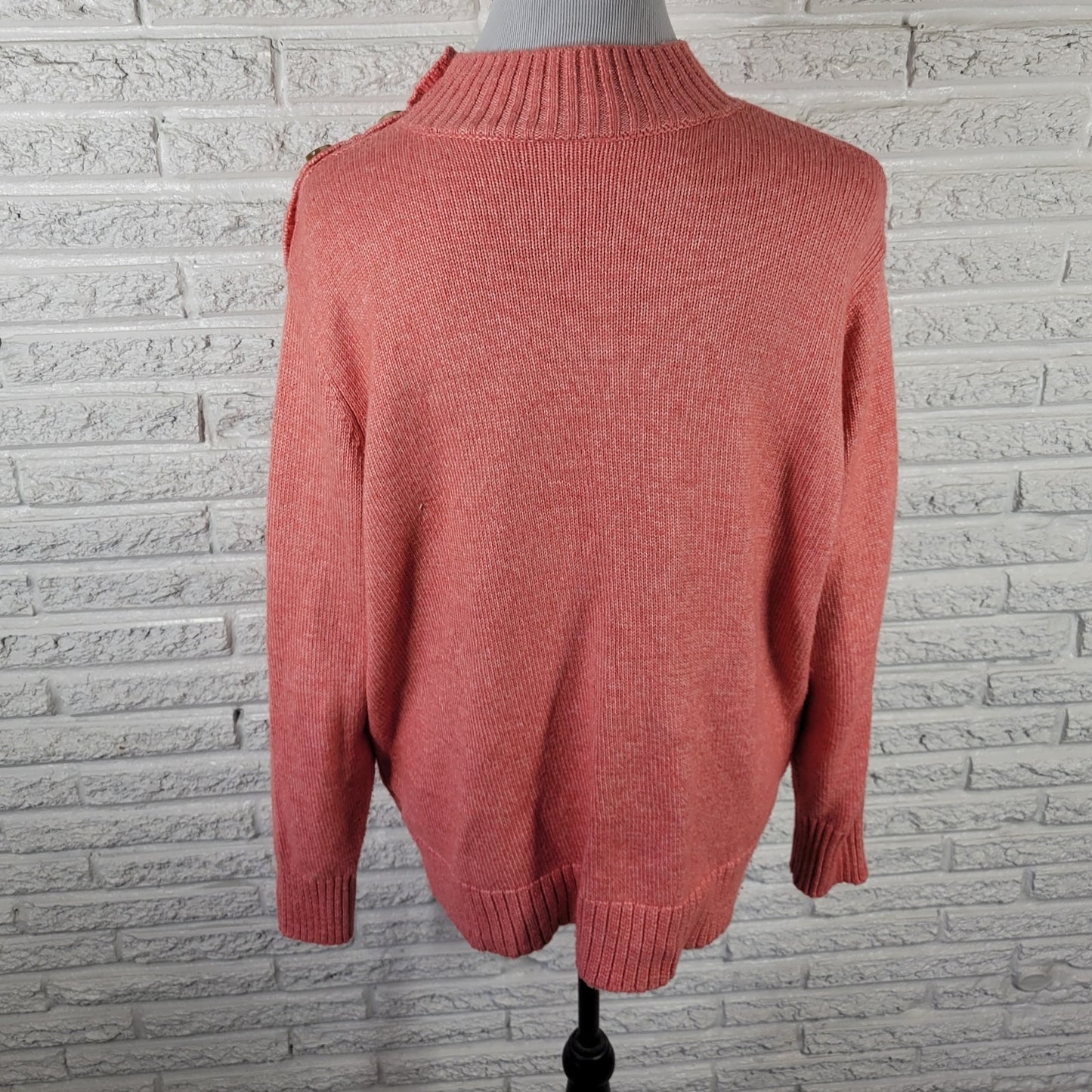 St. John's Bay Womens XL Pink Orange Sweater Mock Neck Shoulder Button Knit Soft