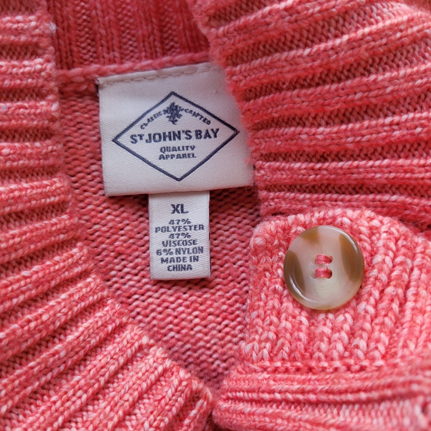 St. John's Bay Womens XL Pink Orange Sweater Mock Neck Shoulder Button Knit Soft