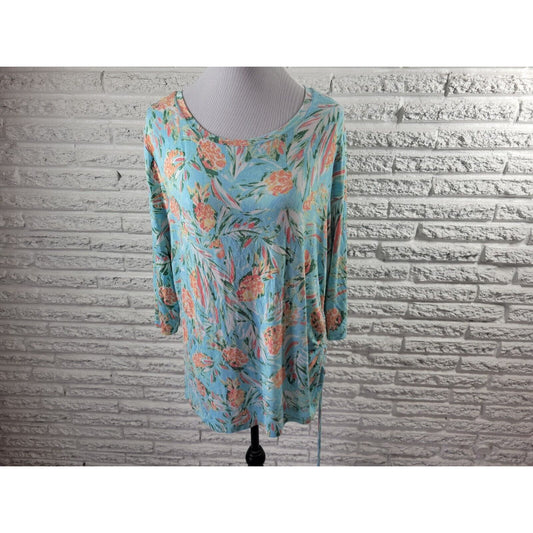 Palm Grove Womens Top 1X Plus 3/4 Sleeve Pullover Blue Floral Rayon Tied Hem