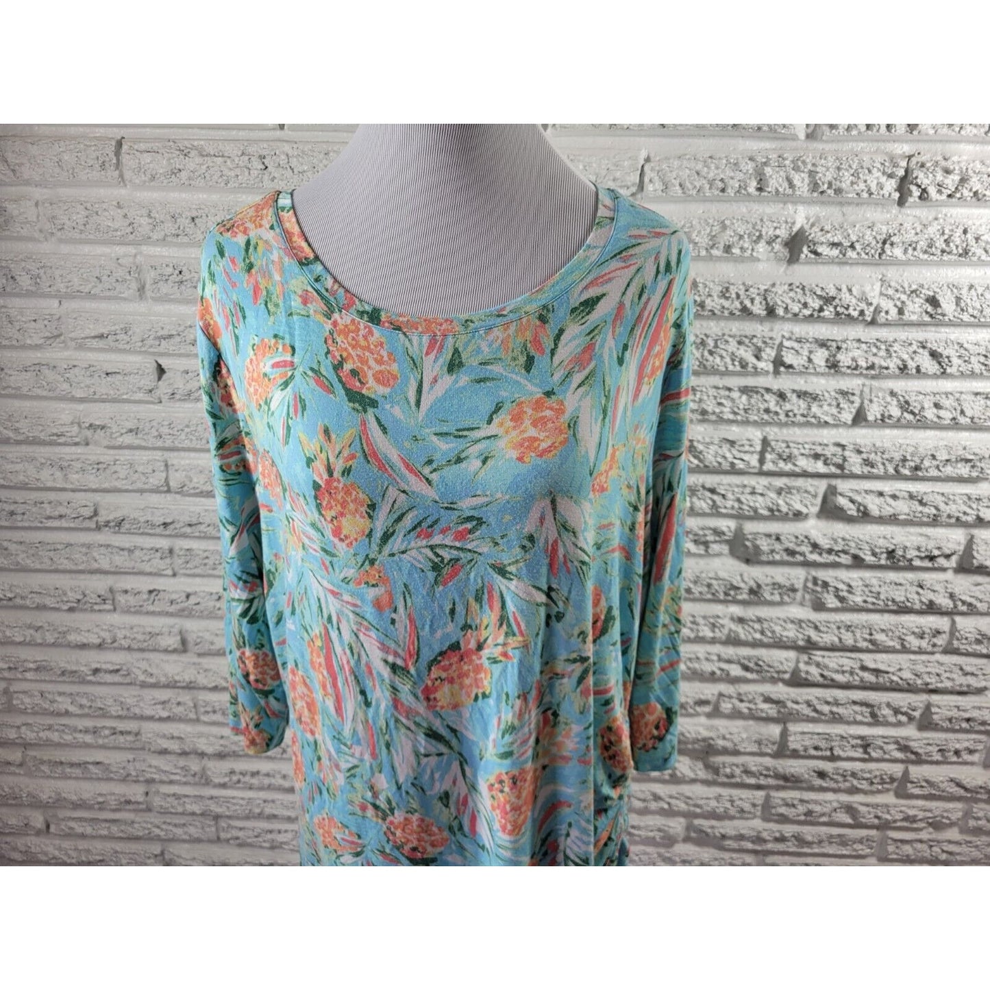 Palm Grove Womens Top 1X Plus 3/4 Sleeve Pullover Blue Floral Rayon Tied Hem
