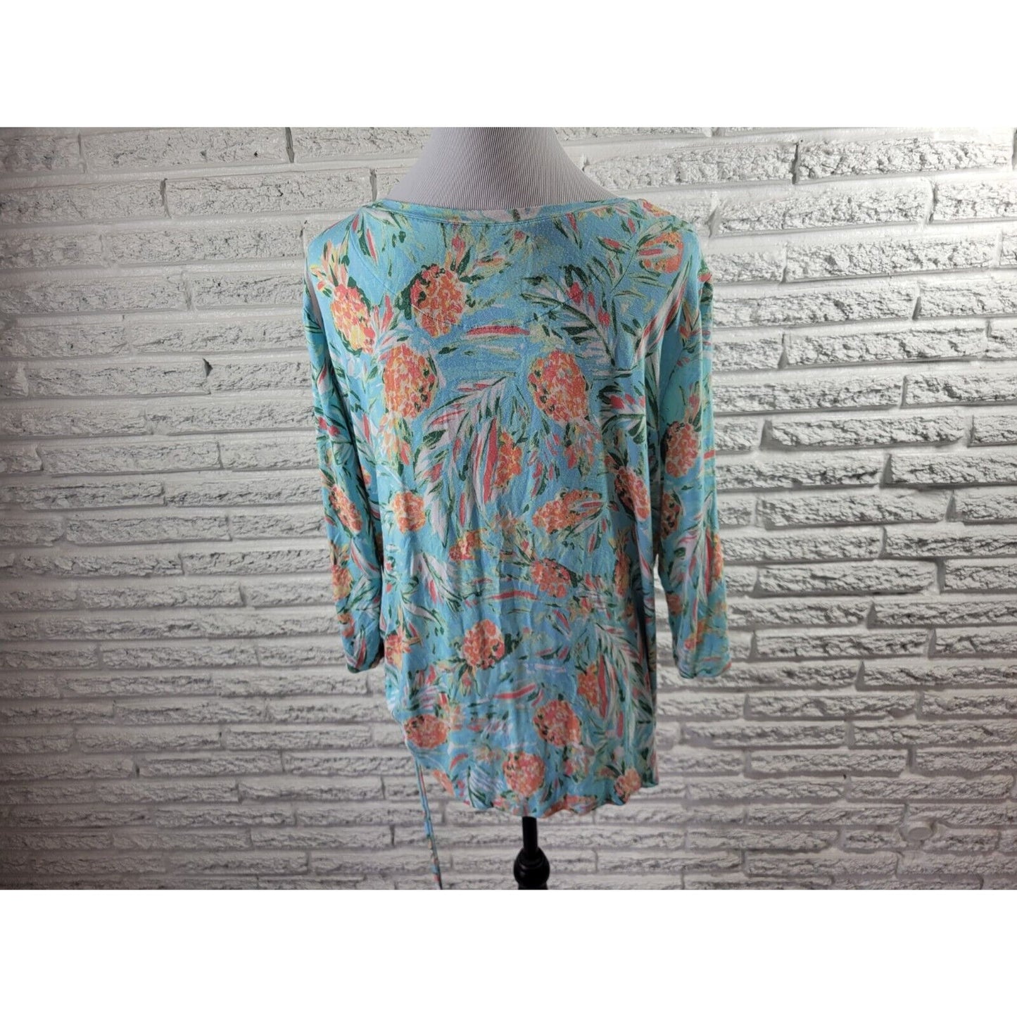 Palm Grove Womens Top 1X Plus 3/4 Sleeve Pullover Blue Floral Rayon Tied Hem