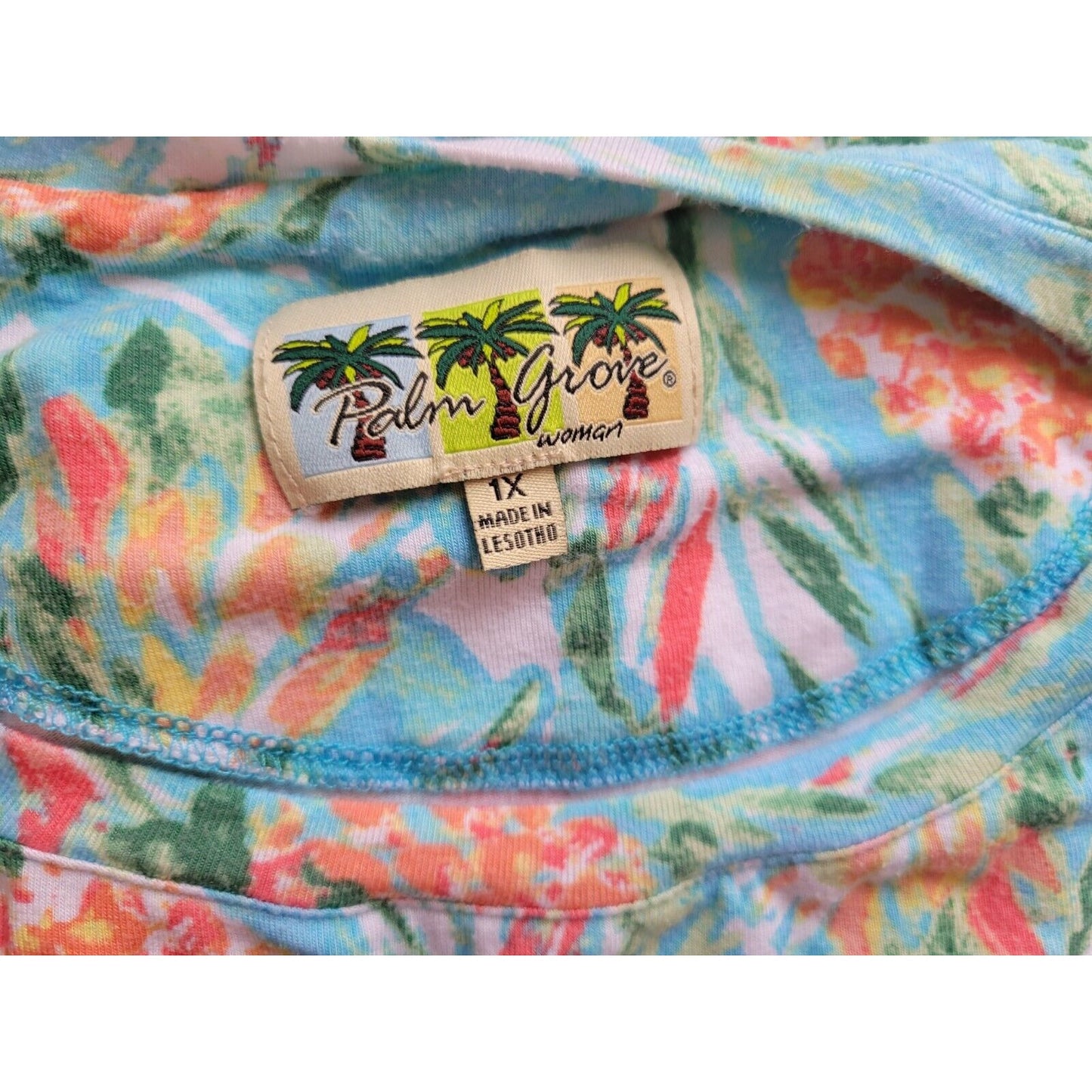 Palm Grove Womens Top 1X Plus 3/4 Sleeve Pullover Blue Floral Rayon Tied Hem