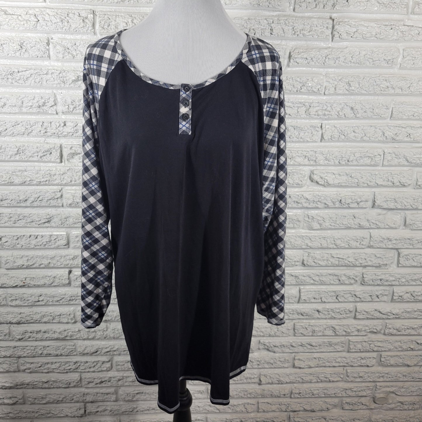 Cacique Womens Pajama Top 22 24 Plus Black Plaid Lightweight Cotton Blend Lounge