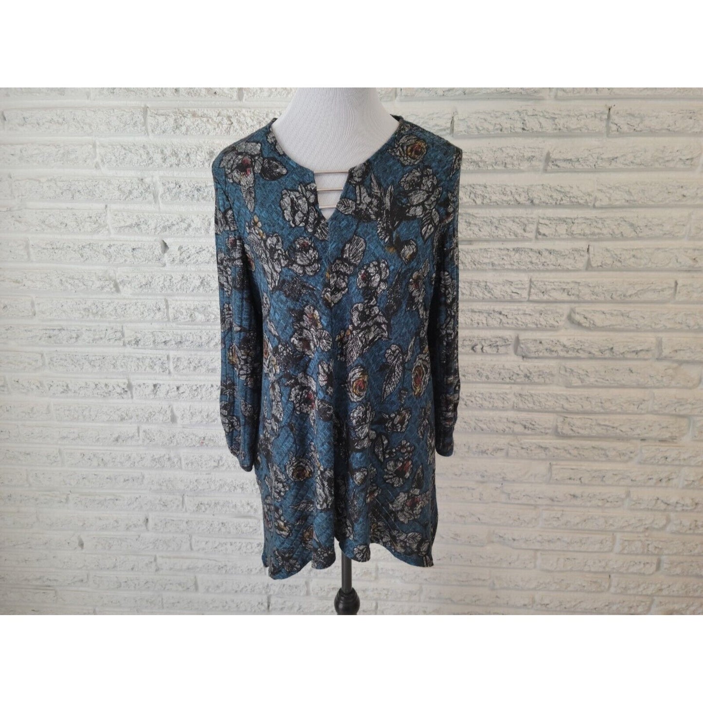 Apt 9 Women Top XXL Tunic 3/4 Sleeve Knit Ruched Blue Floral Poly Blend Keyhole
