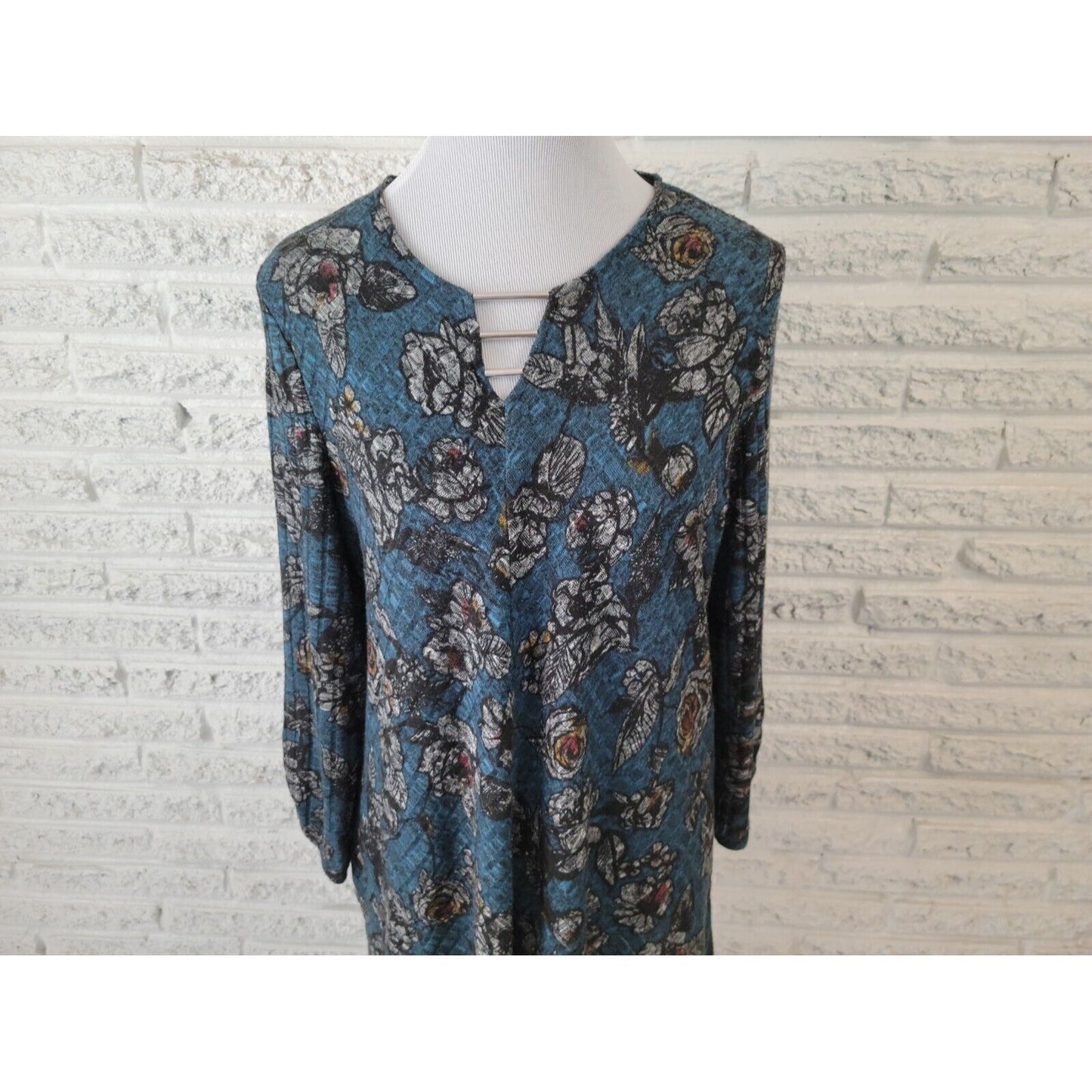 Apt 9 Women Top XXL Tunic 3/4 Sleeve Knit Ruched Blue Floral Poly Blend Keyhole