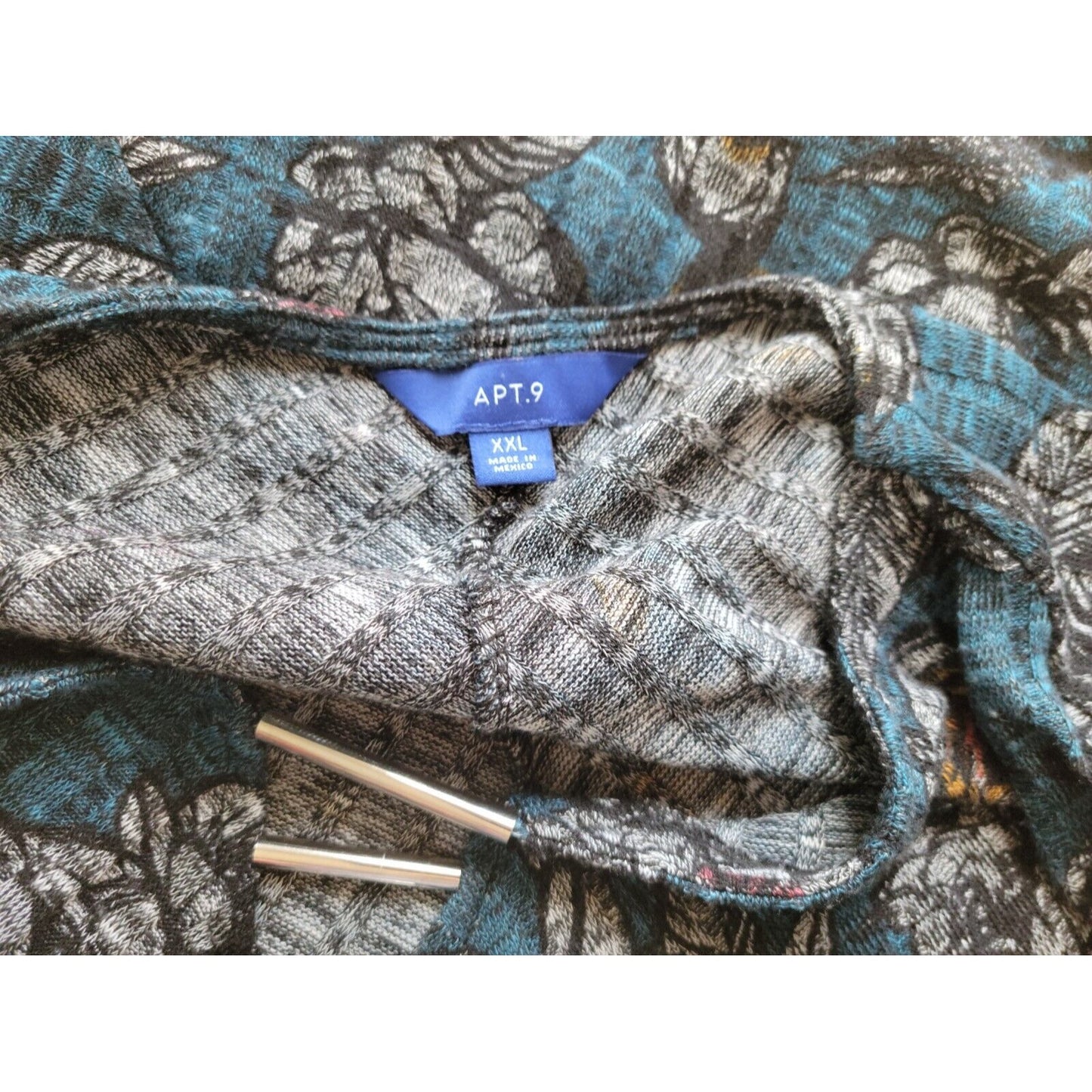 Apt 9 Women Top XXL Tunic 3/4 Sleeve Knit Ruched Blue Floral Poly Blend Keyhole