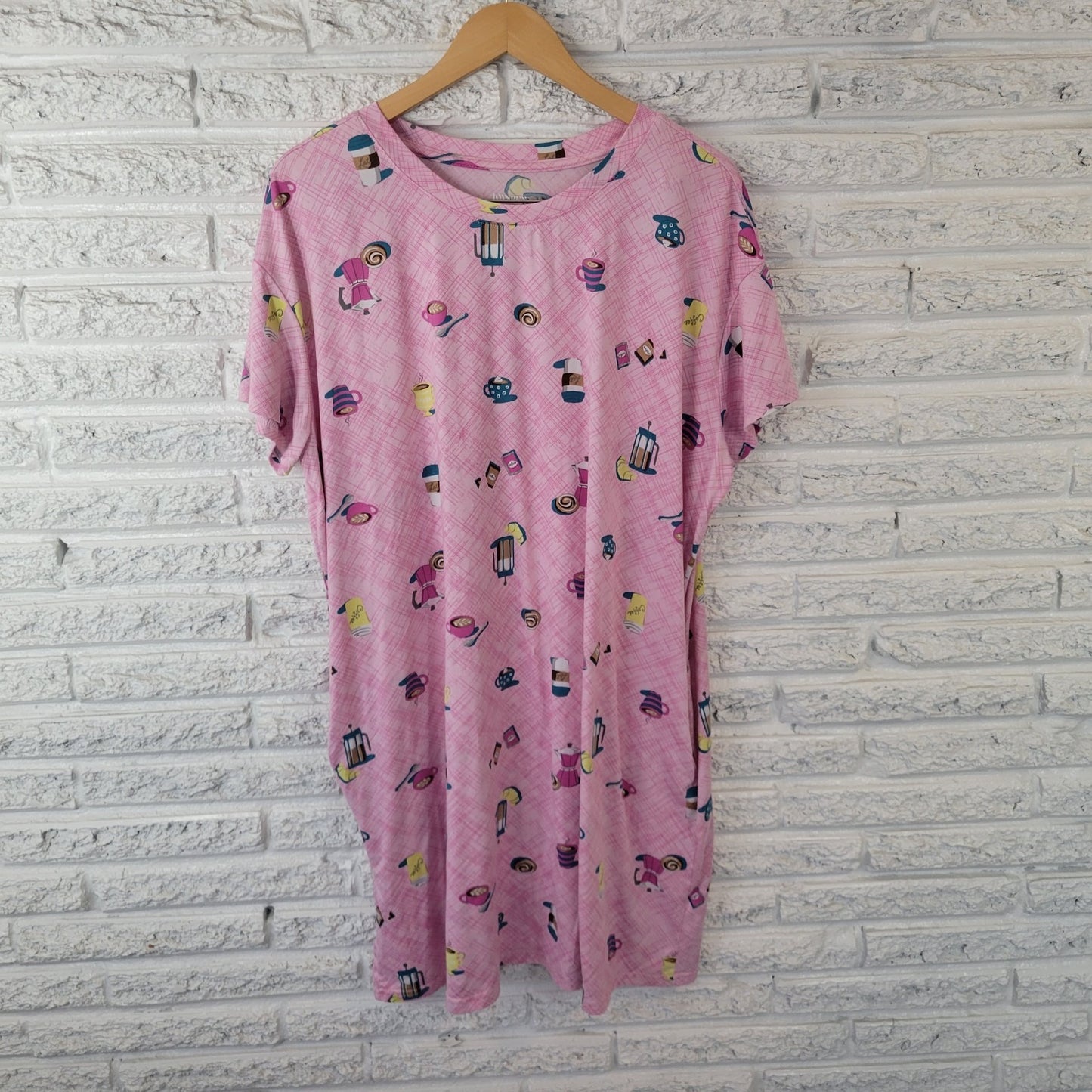 Joyspun Womens Pajama Top L XL Nightgown Pink French Press Coffee Loungewear