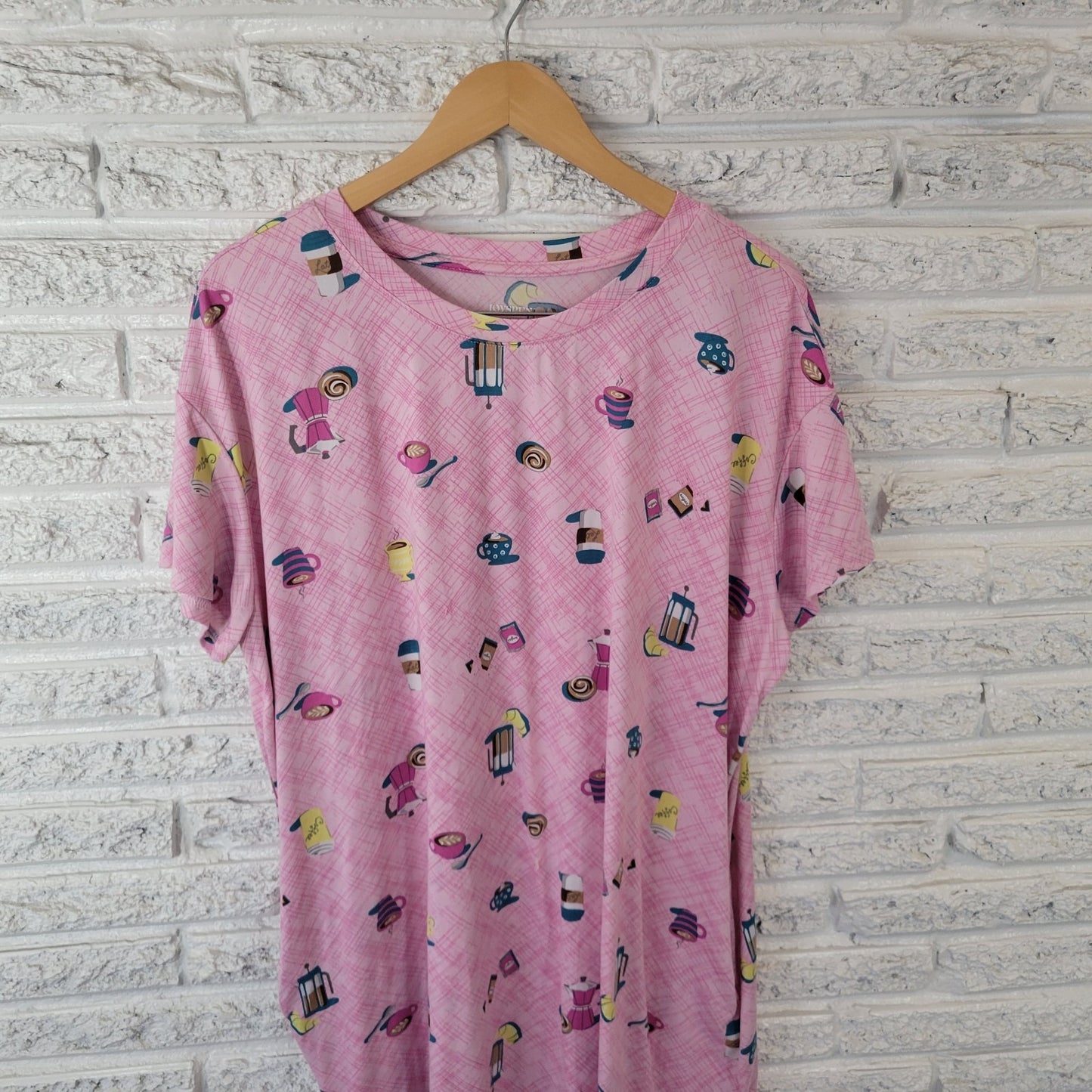 Joyspun Womens Pajama Top L XL Nightgown Pink French Press Coffee Loungewear