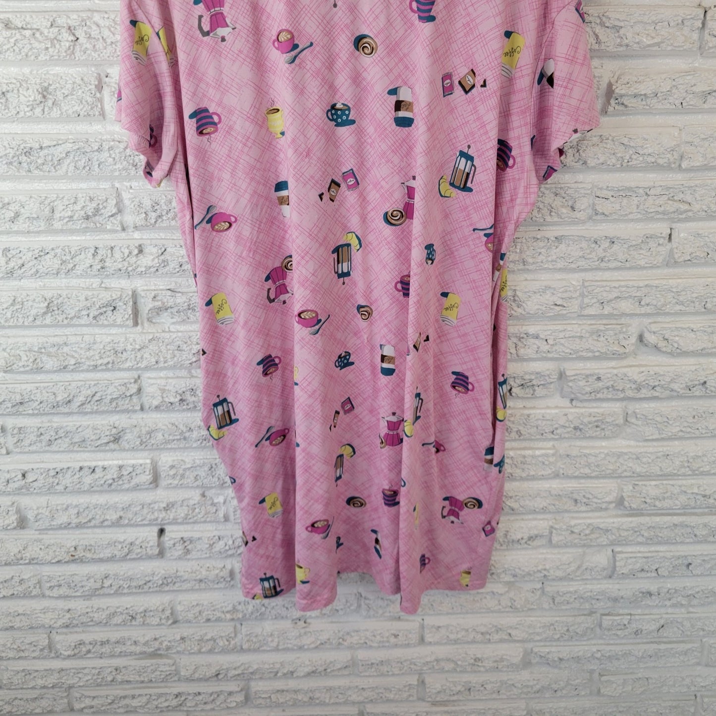 Joyspun Womens Pajama Top L XL Nightgown Pink French Press Coffee Loungewear