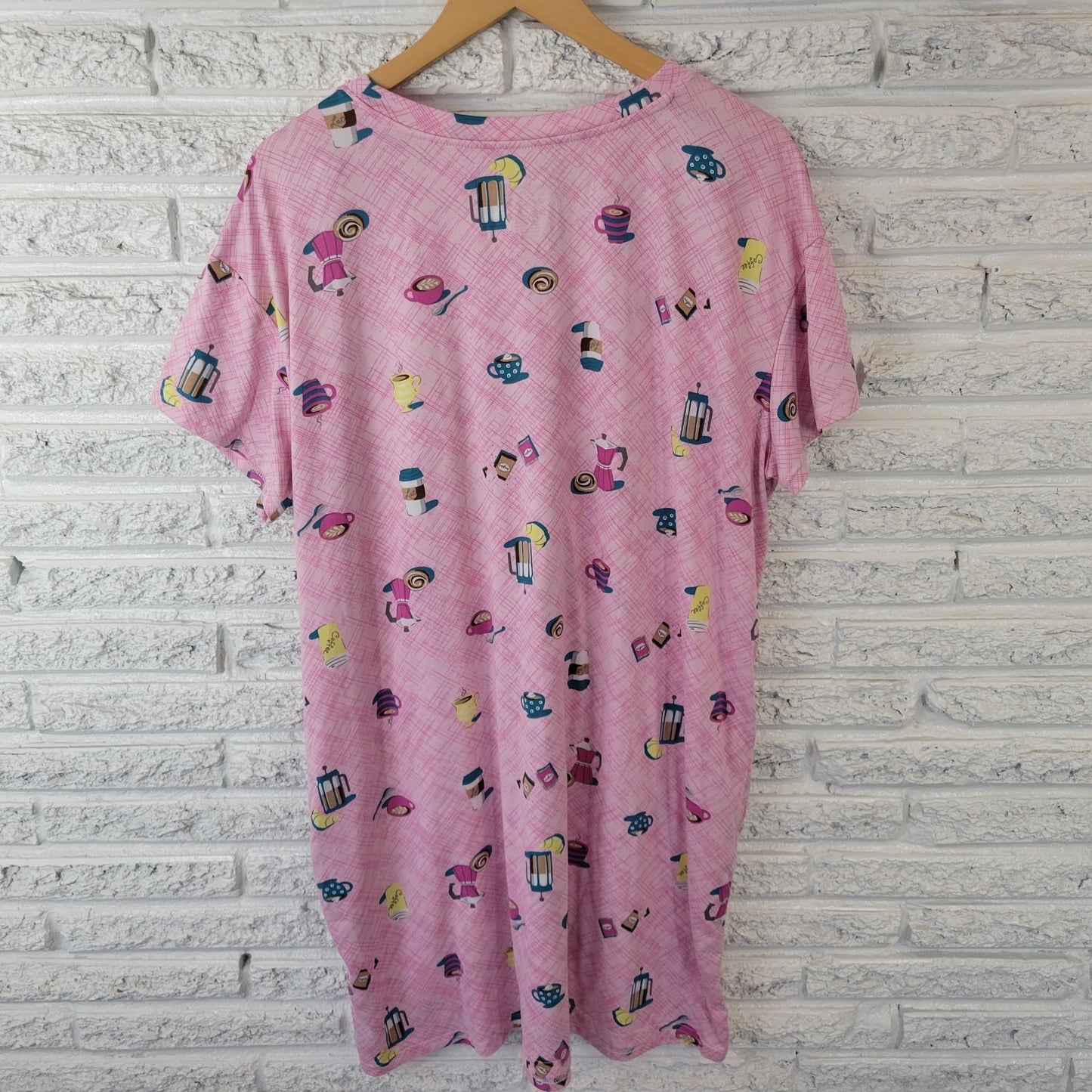 Joyspun Womens Pajama Top L XL Nightgown Pink French Press Coffee Loungewear