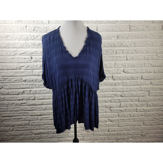 Time Tru Womens Top XXL 20 Plus Short Sleeve Blue Pleated Lightweight Rayon