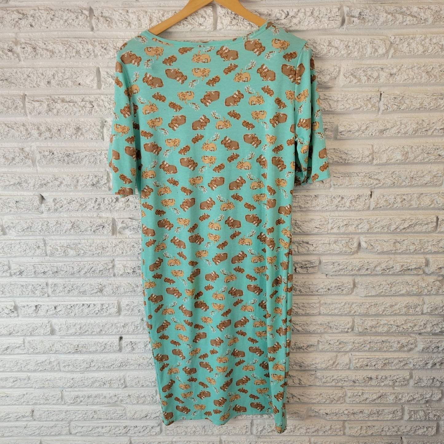 Easter Lularoe Womens Dress XL Short Sleeve Blue Brown Bunny Rabbits Poly Blend