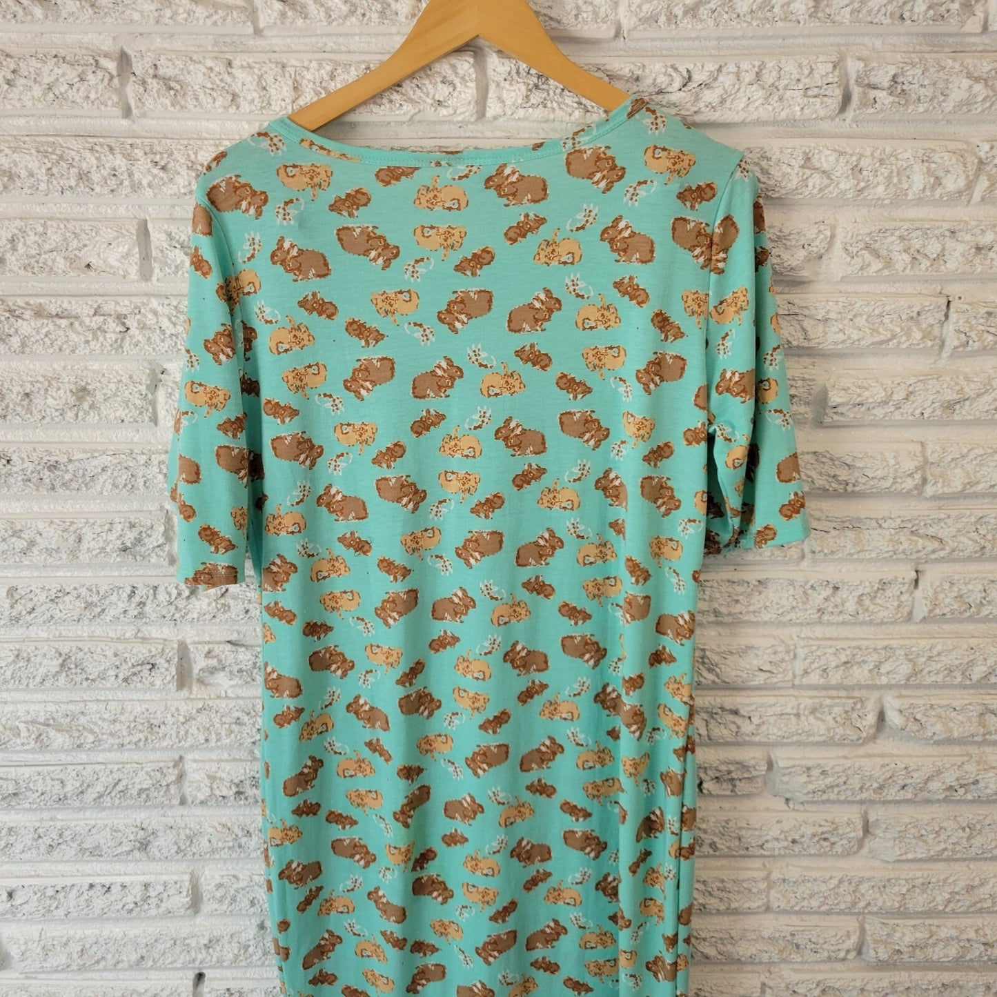Easter Lularoe Womens Dress XL Short Sleeve Blue Brown Bunny Rabbits Poly Blend