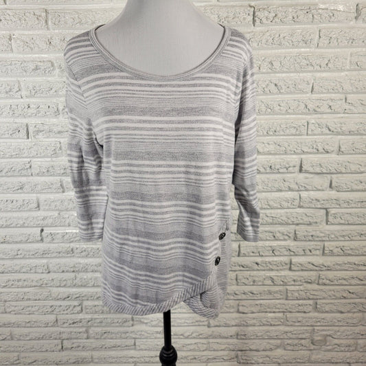 Onque Womens Top Extra Large XL 3/4 Sleeve Gray Stripe Knit Soft Comfy Casual