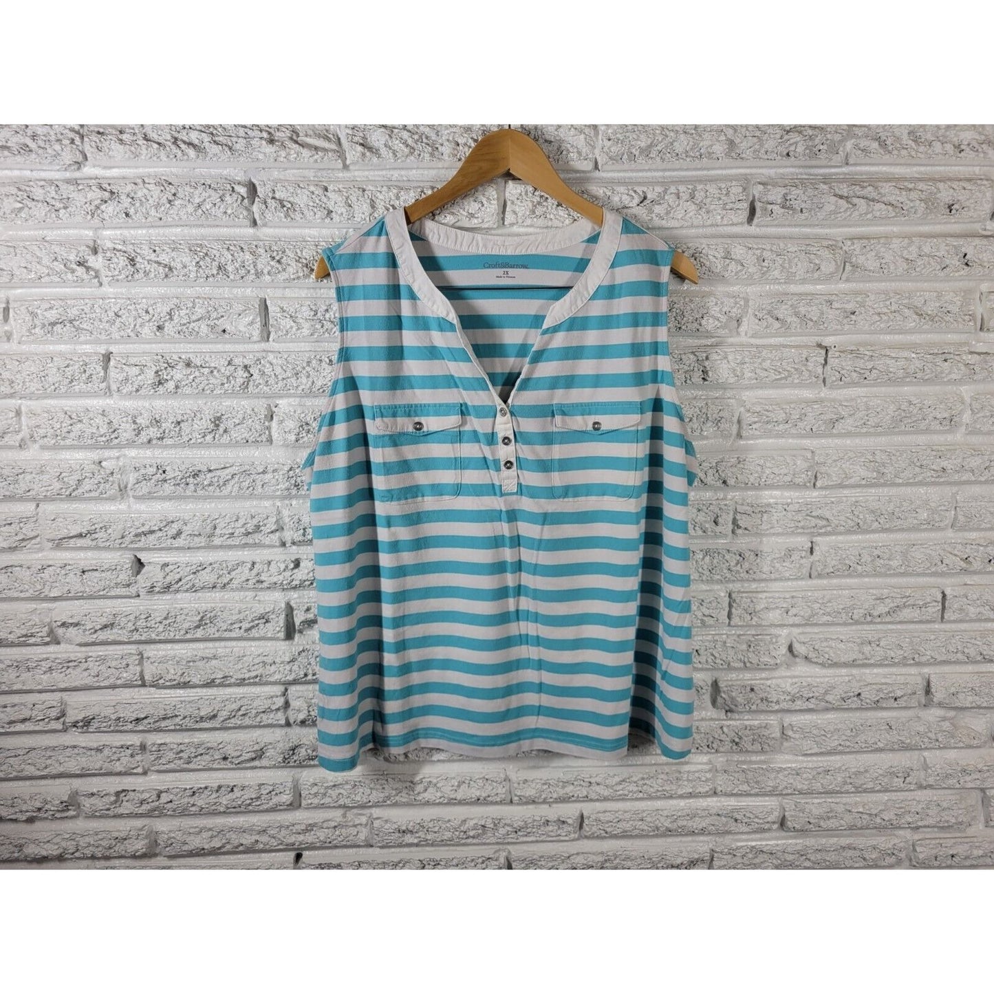Croft Barrow Womens Top 2X Plus Sleeveless Blue Stripe Pockets Quarter Button