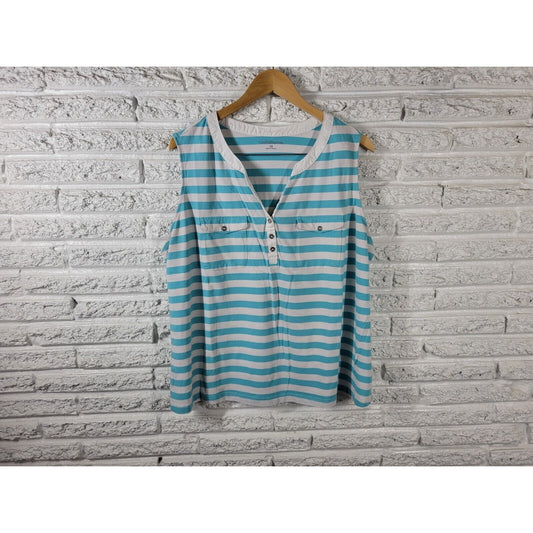 Croft Barrow Womens Top 2X Plus Sleeveless Blue Stripe Pockets Quarter Button