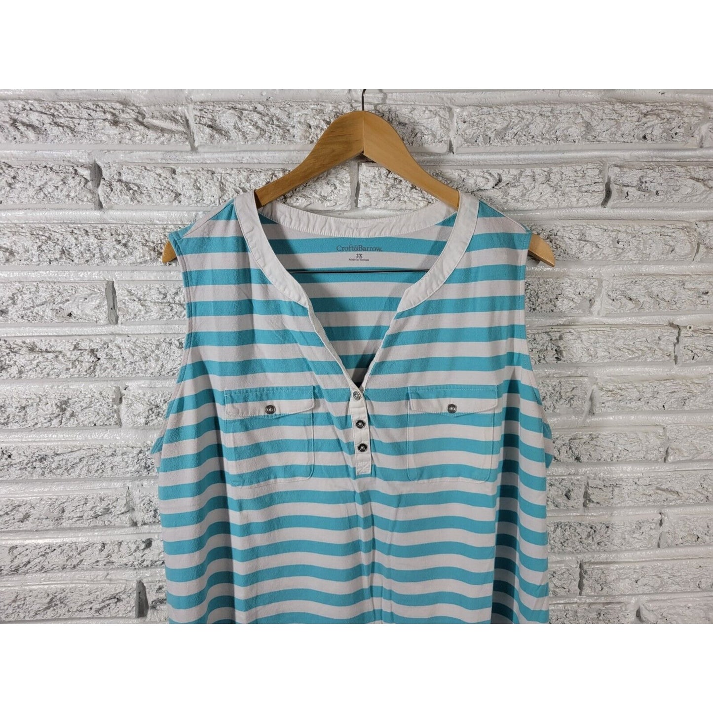 Croft Barrow Womens Top 2X Plus Sleeveless Blue Stripe Pockets Quarter Button