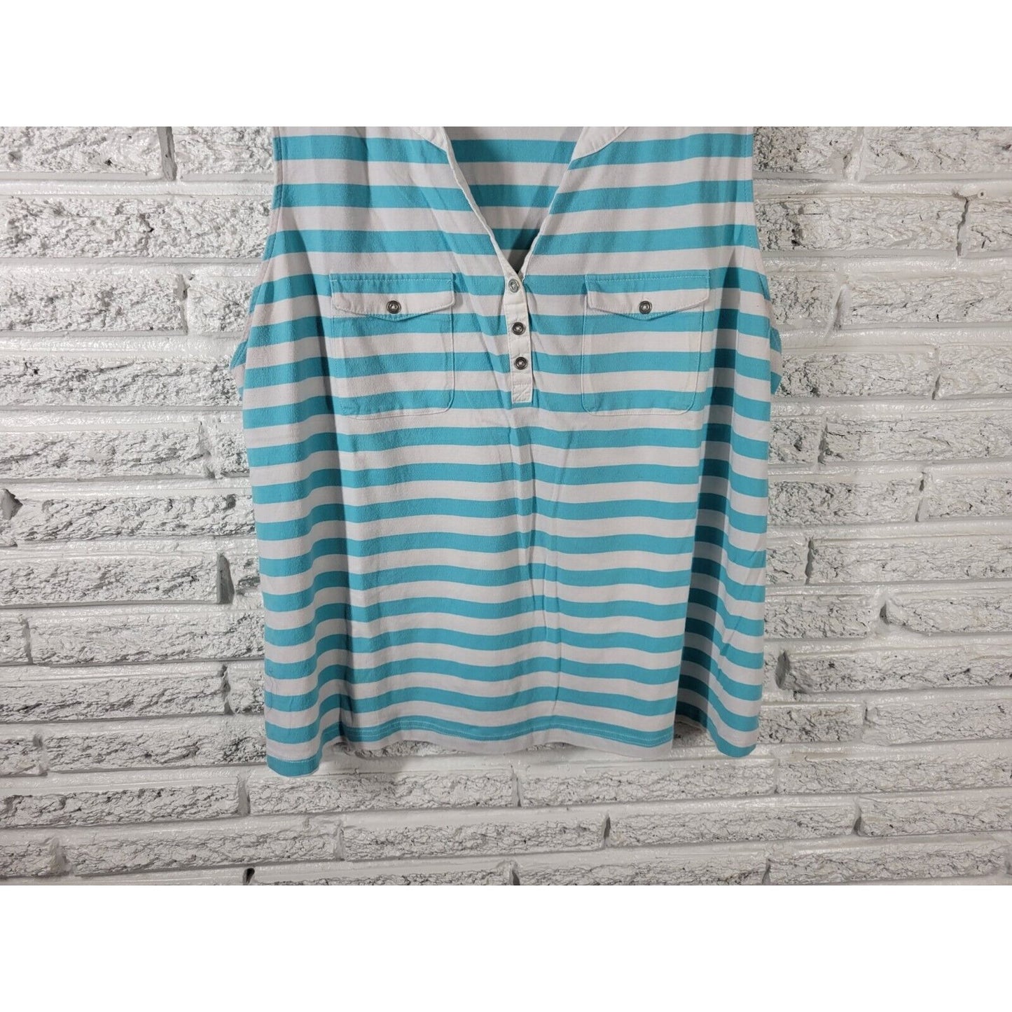 Croft Barrow Womens Top 2X Plus Sleeveless Blue Stripe Pockets Quarter Button