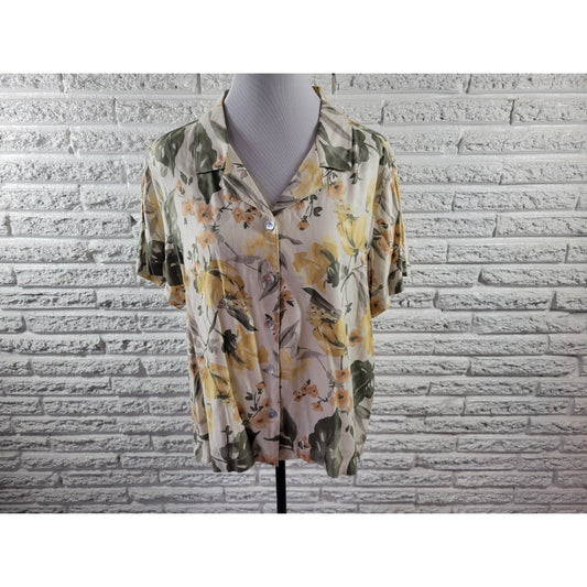 Caribbean Joe Womens Top Extra Large XL Short Sleeve Collar Yellow Floral Casual