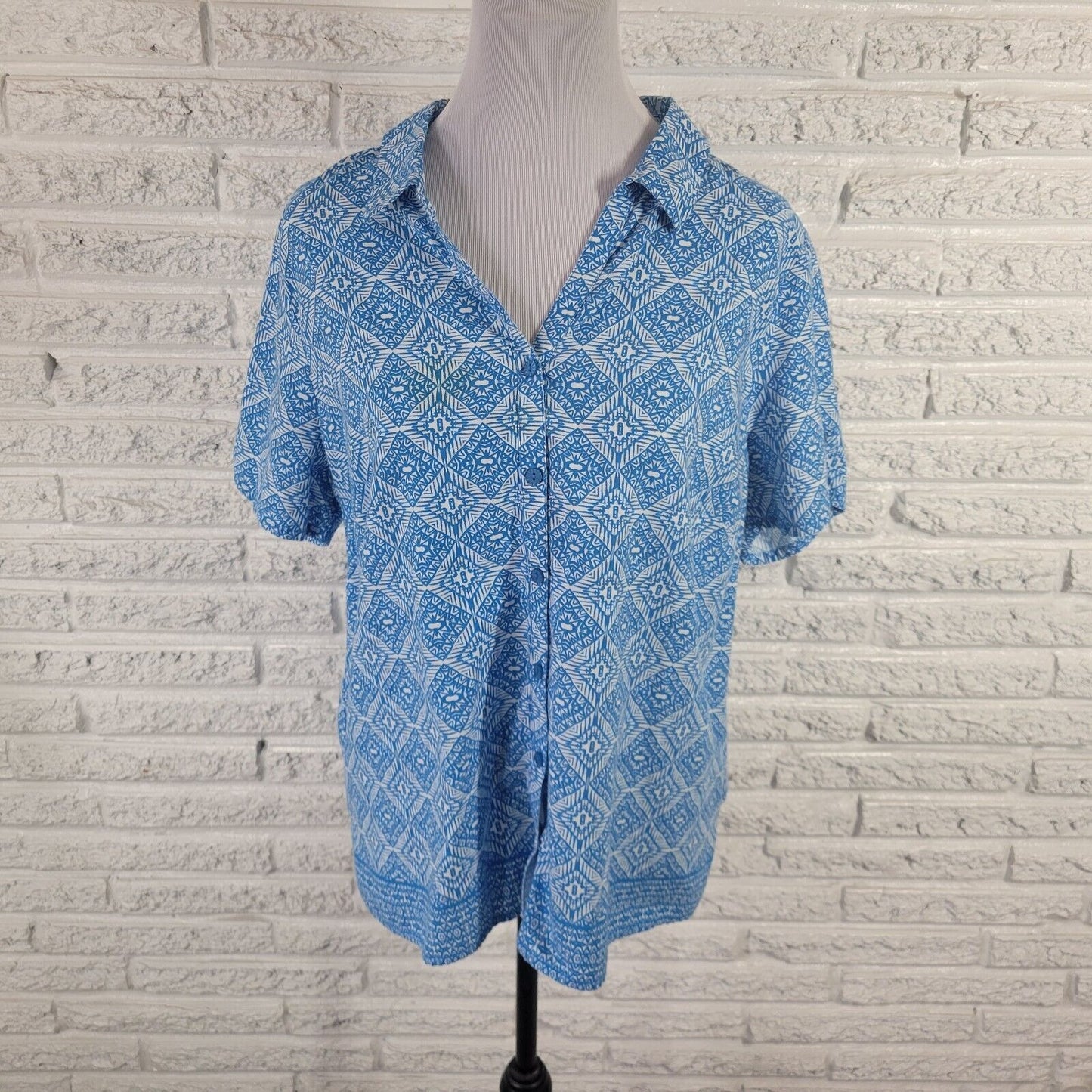 Erika Women Top Extra Large Short Sleeve Blue Geometric Cotton Blend Lightweight