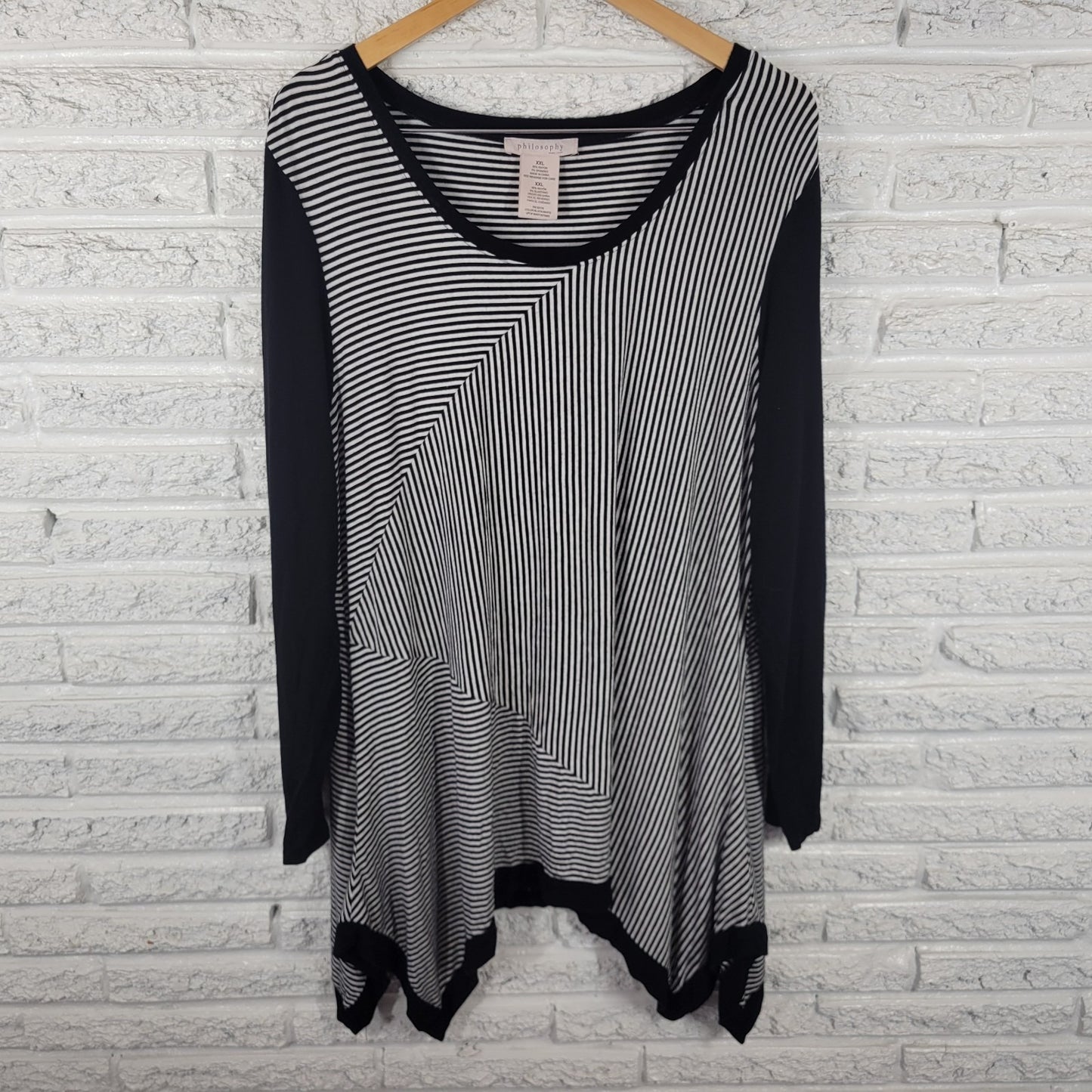 Philosophy Womens Top XXL Plus Tunic Black White Stripe Asymmetric Casual Comfy