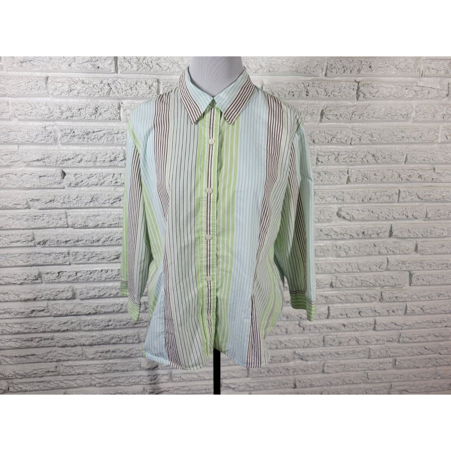 Liz Claiborne Villager Women Top 18 Long Sleeve Green Stripe Collar Cotton
